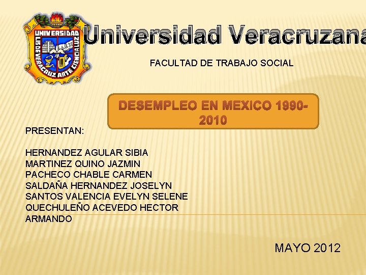 Universidad Veracruzana FACULTAD DE TRABAJO SOCIAL PRESENTAN: DESEMPLEO EN MEXICO 19902010 HERNANDEZ AGULAR SIBIA