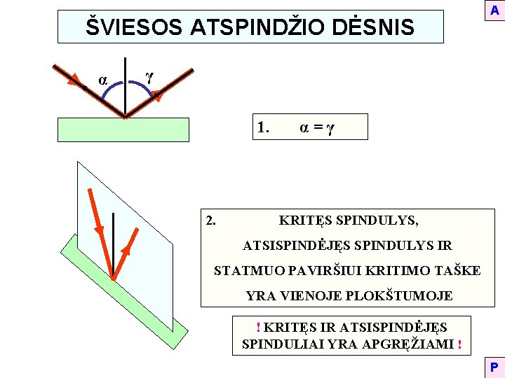 ŠVIESOS ATSPINDŽIO DĖSNIS α A γ 1. 2. α=γ KRITĘS SPINDULYS, ATSISPINDĖJĘS SPINDULYS IR