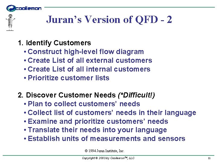 Juran’s Version of QFD - 2 1. Identify Customers • Construct high-level flow diagram