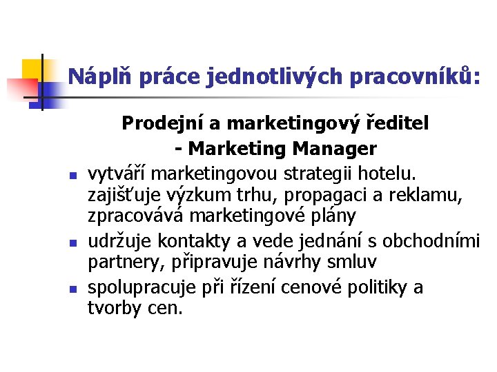 Náplň práce jednotlivých pracovníků: n n n Prodejní a marketingový ředitel - Marketing Manager
