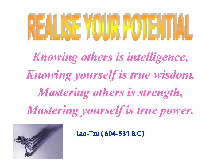 Knowing others is intelligence, Knowing yourself is true wisdom. Mastering others is strength, Mastering