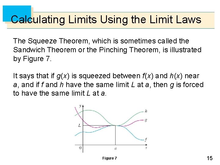 Calculating Limits Using the Limit Laws The Squeeze Theorem, which is sometimes called the
