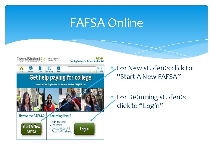 FAFSA Online For New students click to “Start A New FAFSA” For Returning students FAFSA Online For New students click to “Start A New FAFSA” For Returning students