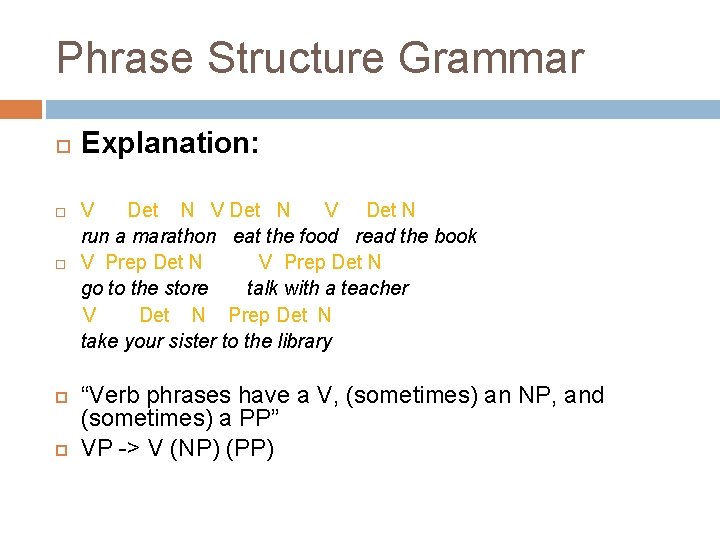 Phrase Structure Grammar Explanation: V Det N V Det N run a marathon eat