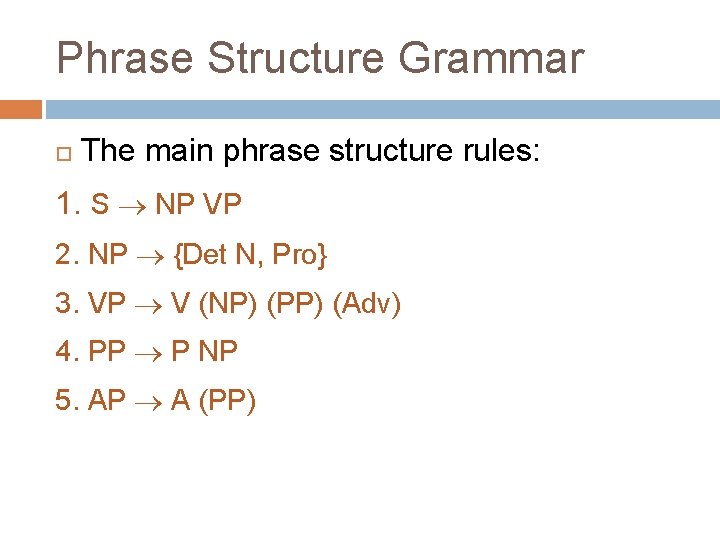 Phrase Structure Grammar The main phrase structure rules: 1. S NP VP 2. NP