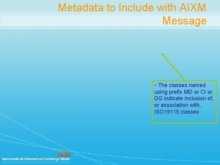 Metadata to Include with AIXM Message • The classes named using prefix MD or