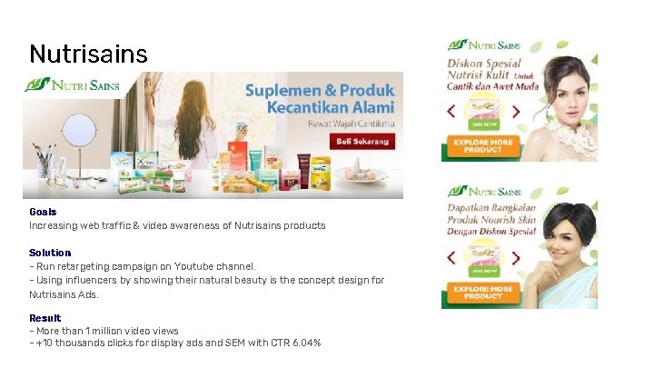 Nutrisains Goals Increasing web traffic & video awareness of Nutrisains products Solution - Run