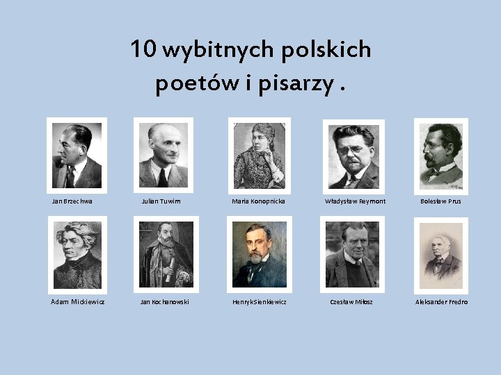 10 wybitnych polskich poetów i pisarzy. Jan Brzechwa Julian Tuwim Maria Konopnicka Władysław Reymont