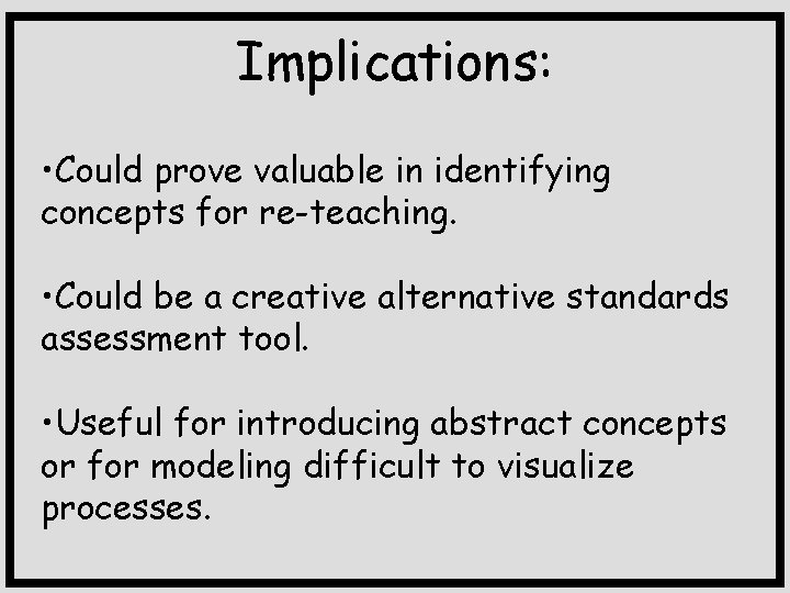 Implications: • Could prove valuable in identifying concepts for re-teaching. • Could be a