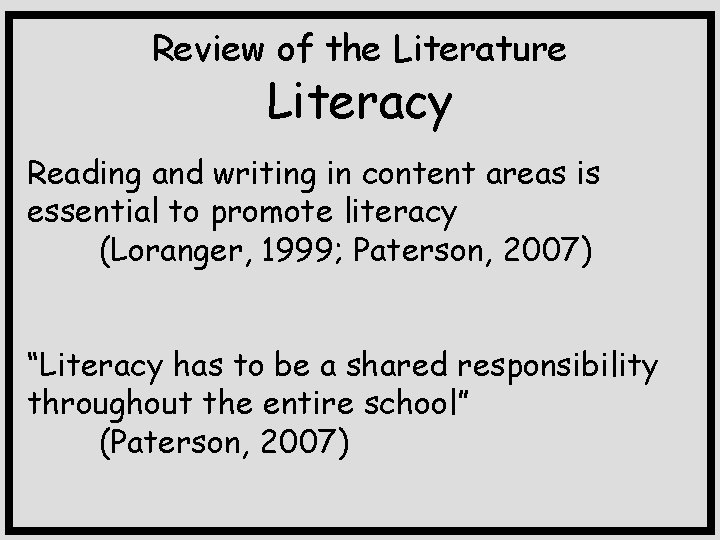 Review of the Literature Literacy Reading and writing in content areas is essential to