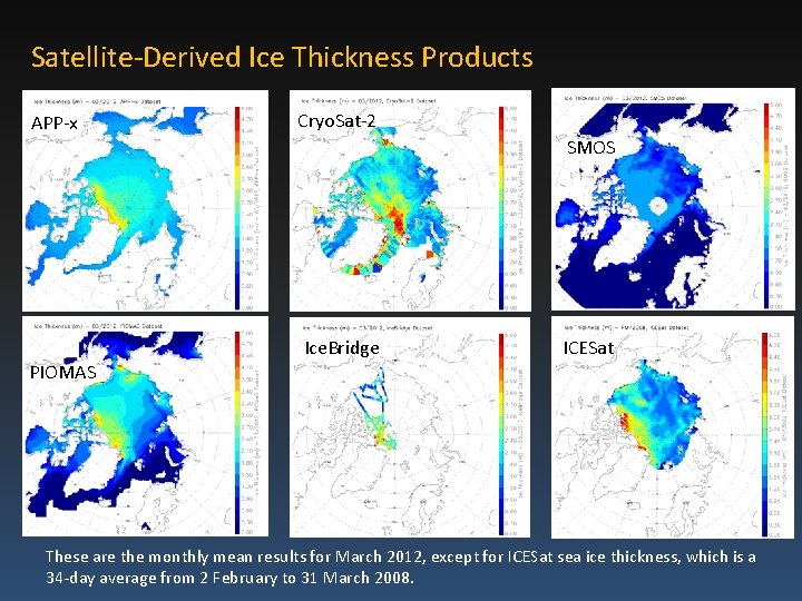 Satellite-Derived Ice Thickness Products APP-x Cryo. Sat-2 SMOS Ice. Bridge ICESat PIOMAS These are