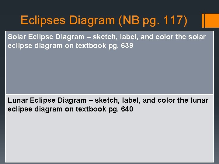 Eclipses Diagram (NB pg. 117) Solar Eclipse Diagram – sketch, label, and color the