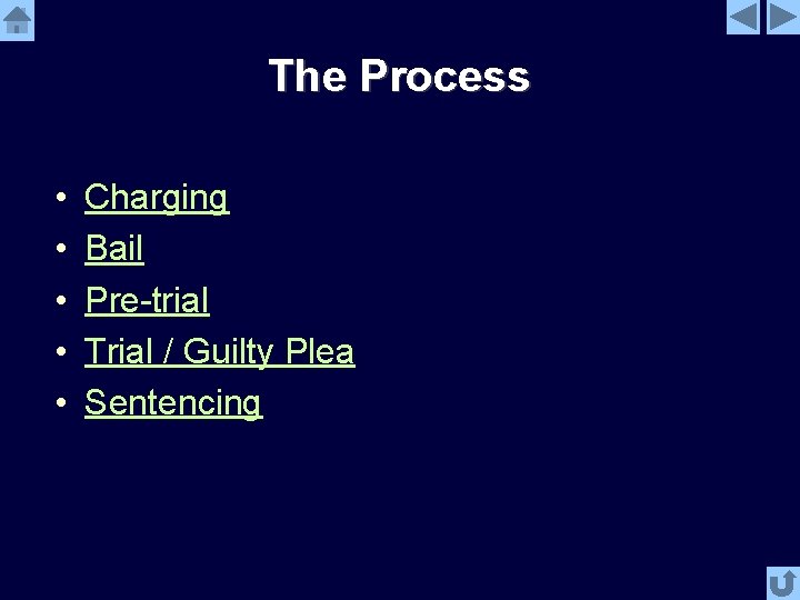 The Process • • • Charging Bail Pre-trial Trial / Guilty Plea Sentencing 