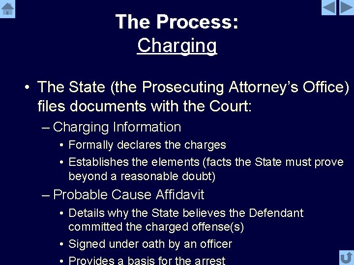 The Process: Charging • The State (the Prosecuting Attorney’s Office) files documents with the