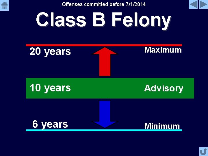 Offenses committed before 7/1/2014 Class B Felony 20 years Maximum 10 years Advisory 6