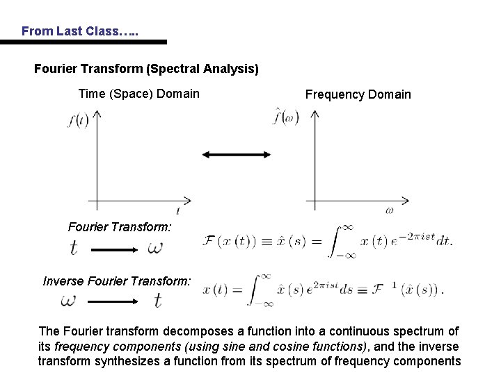 From Last Class…. . Fourier Transform (Spectral Analysis) Time (Space) Domain Frequency Domain Fourier