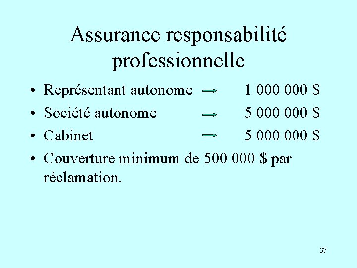 Assurance responsabilité professionnelle • • Représentant autonome 1 000 $ Société autonome 5 000