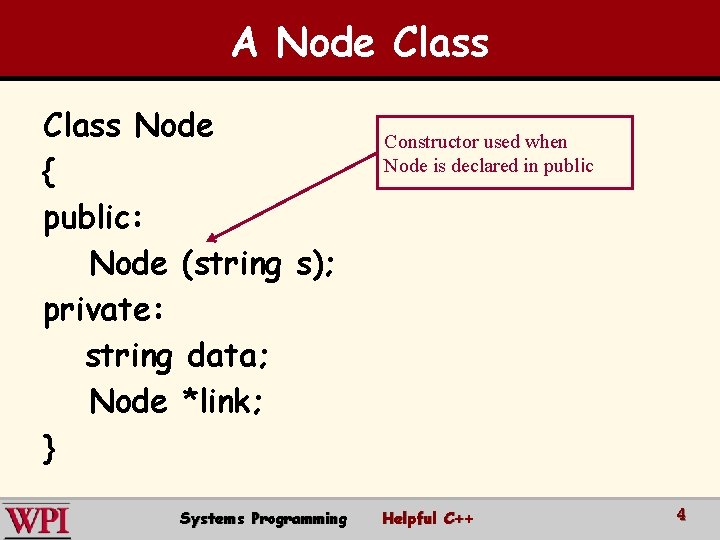 A Node Class Node { public: Node (string s); private: string data; Node *link;