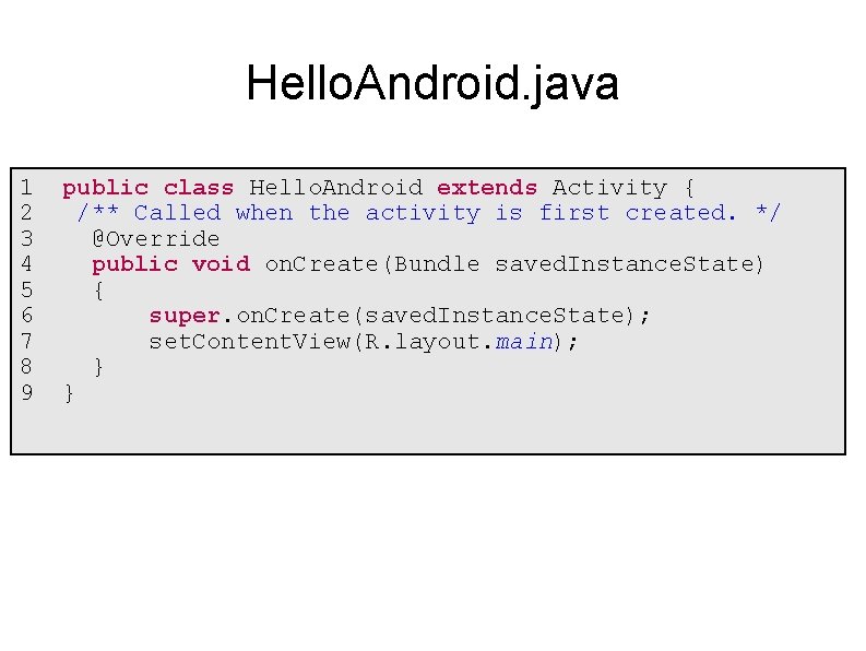 Hello. Android. java 1 public class Hello. Android extends Activity { 2 /** Called