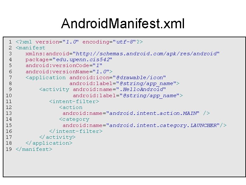 Android. Manifest. xml 1 <? xml version="1. 0" encoding="utf-8"? > 2 <manifest 3 xmlns: