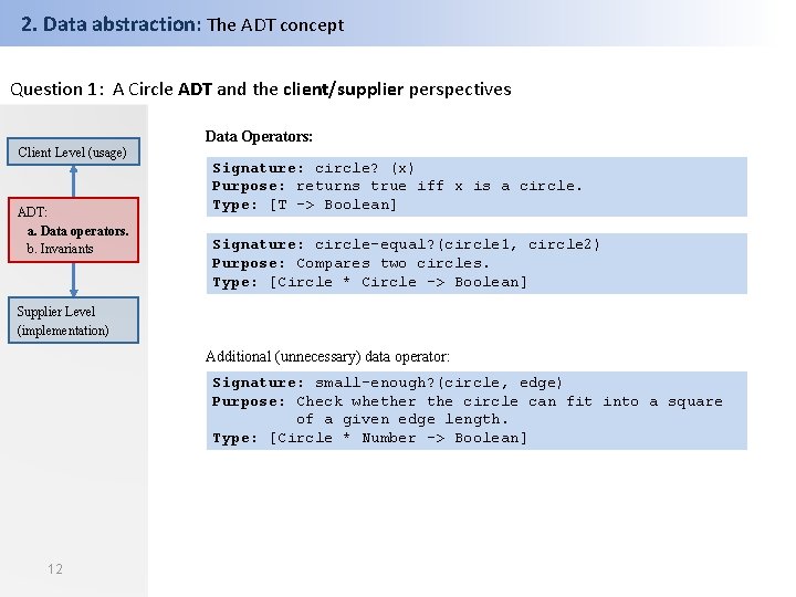 2. Data abstraction: The ADT concept Question 1: A Circle ADT and the client/supplier