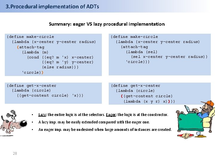3. Procedural implementation of ADTs Summary: eager VS lazy procedural implementation (define make-circle (lambda