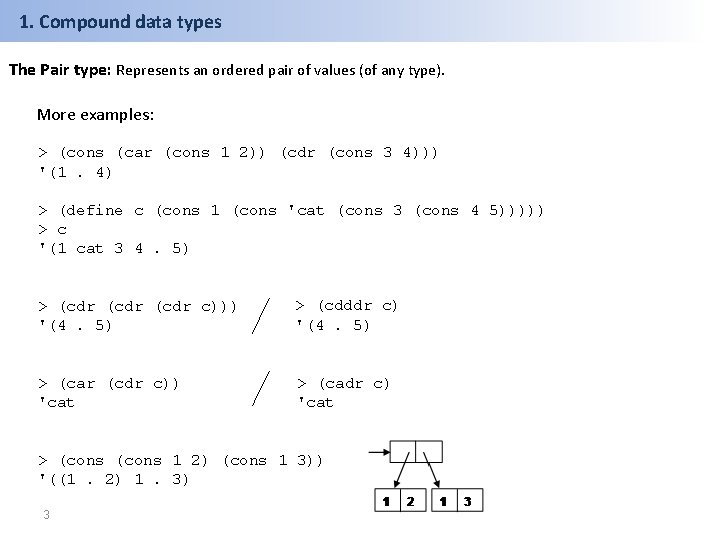 1. Compound data types The Pair type: Represents an ordered pair of values (of