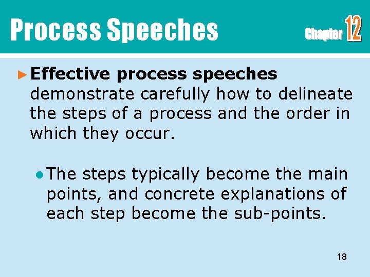 Process Speeches ► Effective process speeches demonstrate carefully how to delineate the steps of