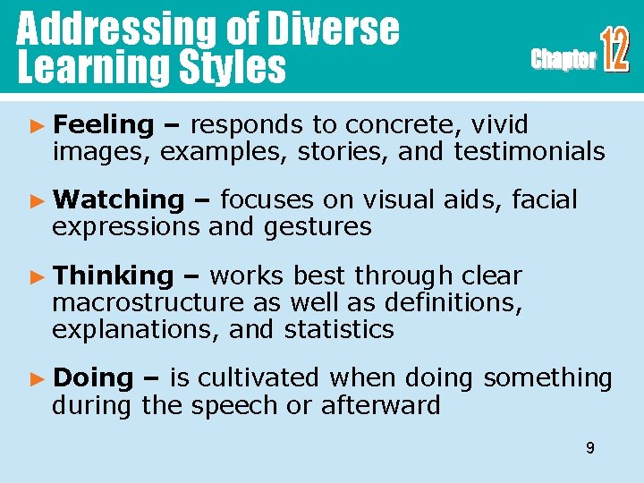 Addressing of Diverse Learning Styles ► Feeling – responds to concrete, vivid images, examples,