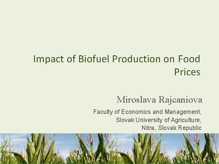 Impact of Biofuel Production on Food Prices Miroslava Rajcaniova Faculty of Economics and Management,