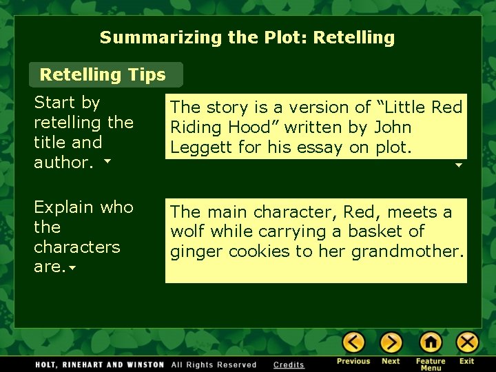 Summarizing the Plot: Retelling Tips Start by retelling the title and author. The story