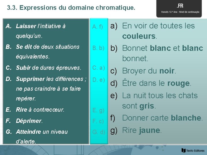 3. 3. Expressions du domaine chromatique. A. Laisser l’initiative à A. f) quelqu’un. B.