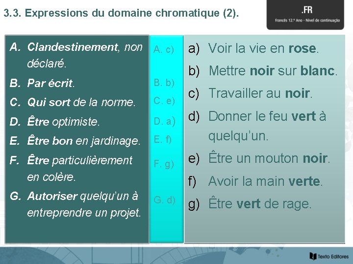 3. 3. Expressions du domaine chromatique (2). A. Clandestinement, non A. c) déclaré. a)