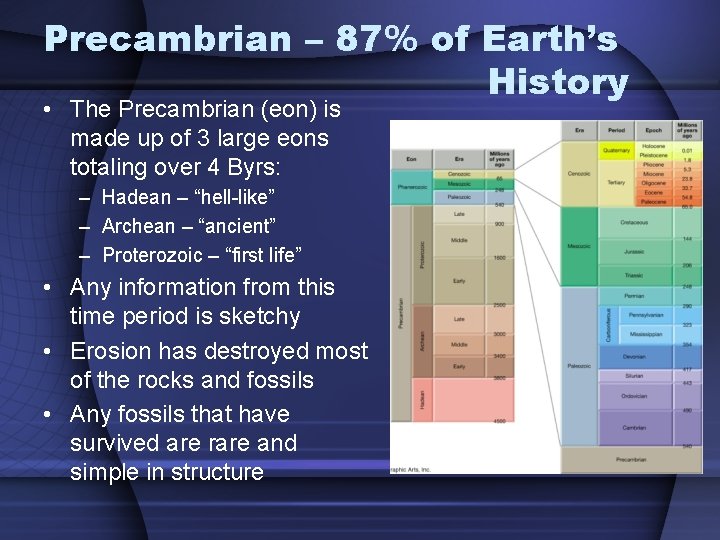 Precambrian – 87% of Earth’s History • The Precambrian (eon) is made up of