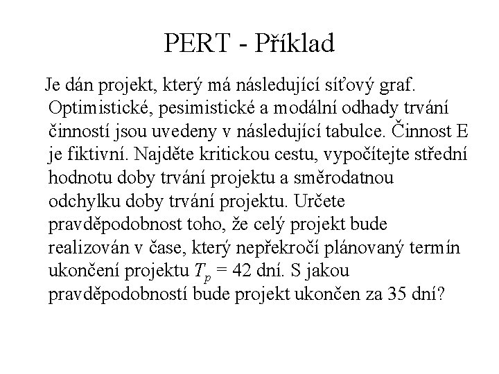 PERT - Příklad Je dán projekt, který má následující síťový graf. Optimistické, pesimistické a