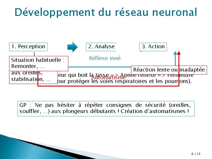 Développement du réseau neuronal 1. Perception 2. Analyse 3. Action Réflexe inné Situation habituelle