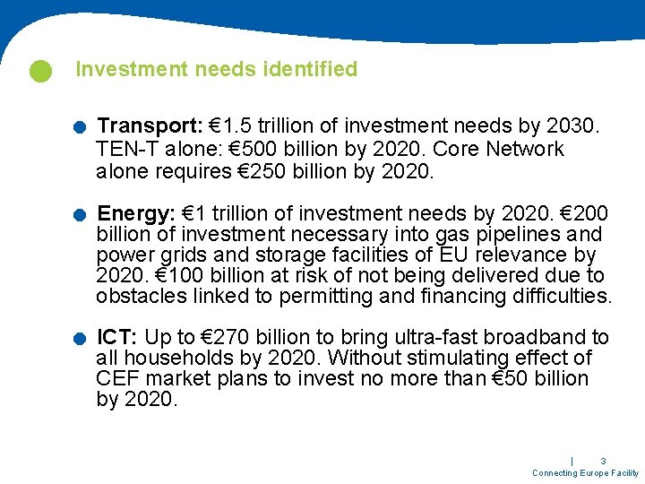  . . . Investment needs identified Transport: € 1. 5 trillion of investment