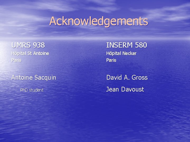 Acknowledgements UMRS 938 INSERM 580 Hôpital St Antoine Paris Hôpital Necker Paris Antoine Sacquin