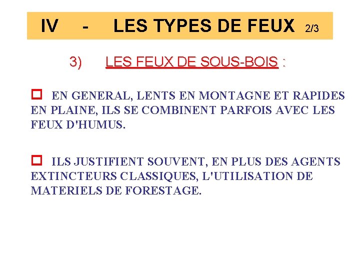 IV 3) LES TYPES DE FEUX 2/3 LES FEUX DE SOUS-BOIS : EN GENERAL,
