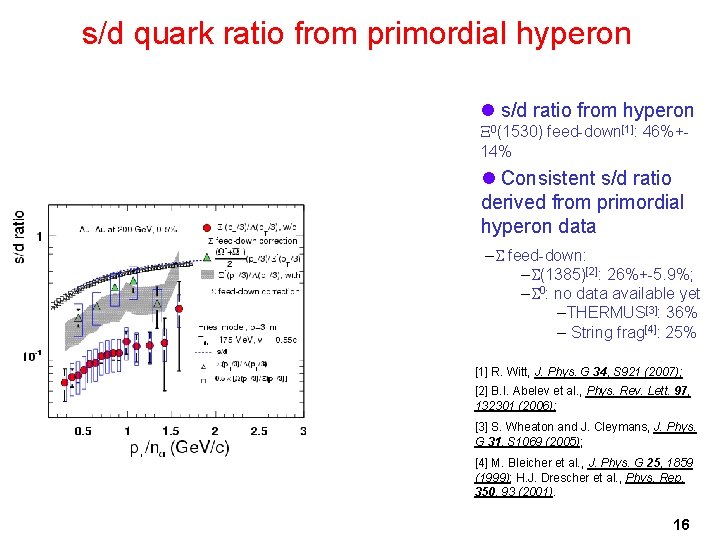 s/d quark ratio from primordial hyperon l s/d ratio from hyperon X 0(1530) feed-down[1]: