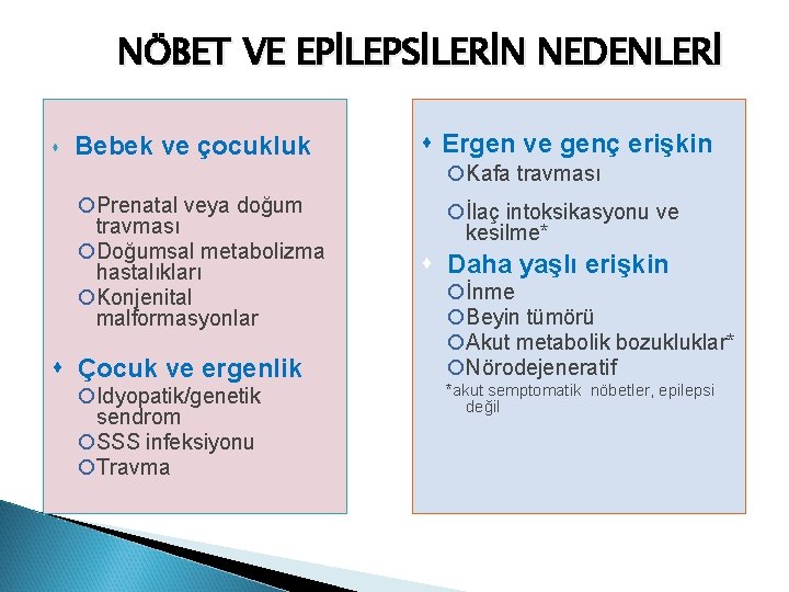 NÖBET VE EPİLEPSİLERİN NEDENLERİ Bebek ve çocukluk Ergen ve genç erişkin Kafa travması Prenatal