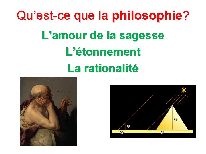 Qu’est-ce que la philosophie? L’amour de la sagesse L’étonnement La rationalité 