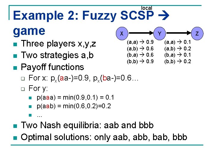 local Example 2: Fuzzy SCSP game X Y n n n Three players x,