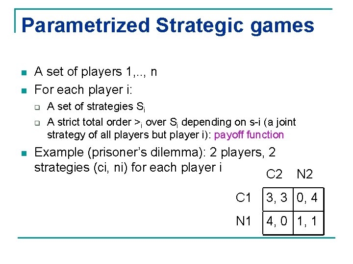 Parametrized Strategic games n n A set of players 1, . . , n
