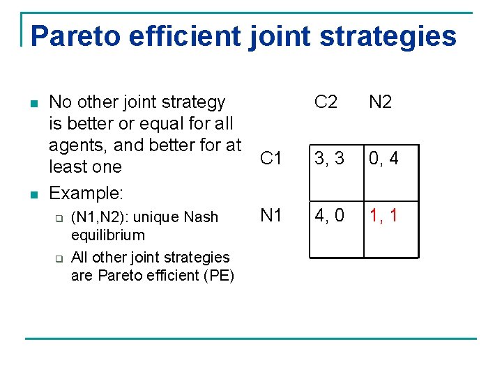 Pareto efficient joint strategies n n No other joint strategy is better or equal