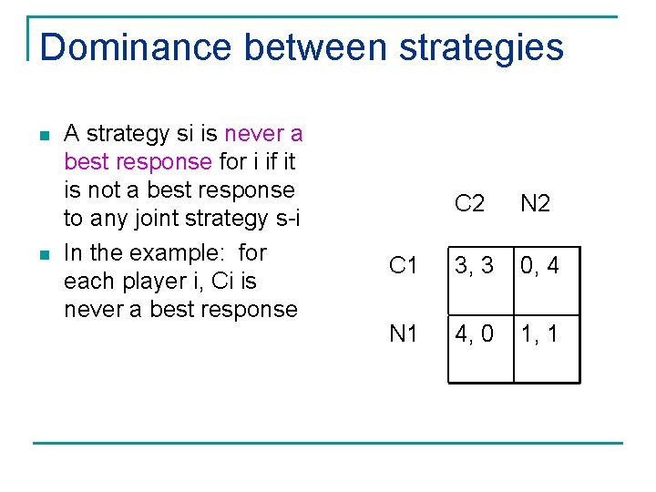 Dominance between strategies n n A strategy si is never a best response for