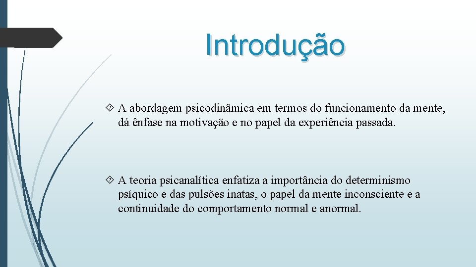 Introdução A abordagem psicodinâmica em termos do funcionamento da mente, dá ênfase na motivação Introdução A abordagem psicodinâmica em termos do funcionamento da mente, dá ênfase na motivação