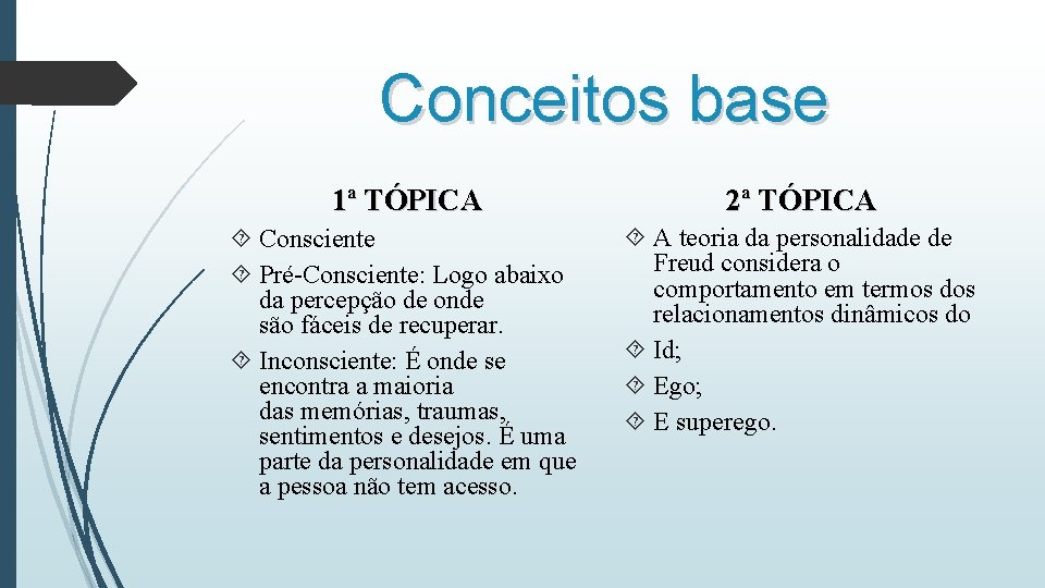 Conceitos base 1ª TÓPICA 2ª TÓPICA Consciente Pré-Consciente: Logo abaixo da percepção de onde Conceitos base 1ª TÓPICA 2ª TÓPICA Consciente Pré-Consciente: Logo abaixo da percepção de onde