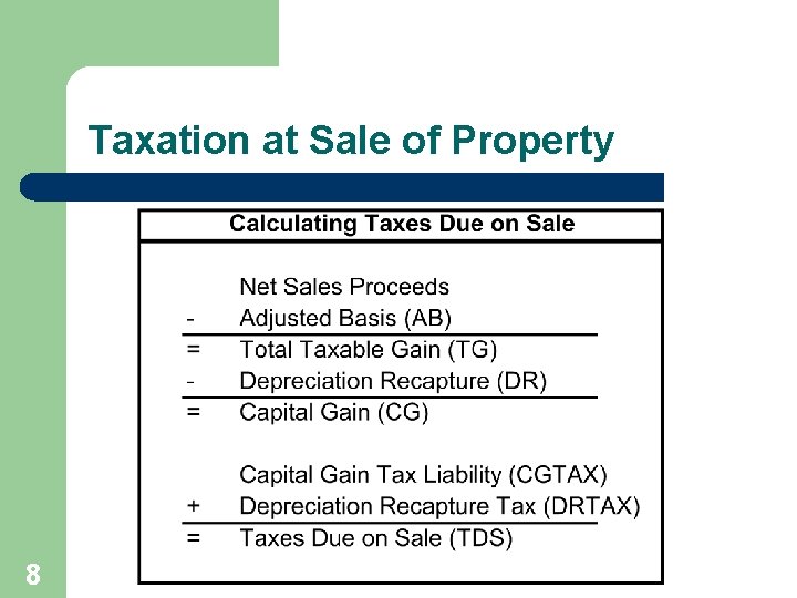 Taxation at Sale of Property 8 