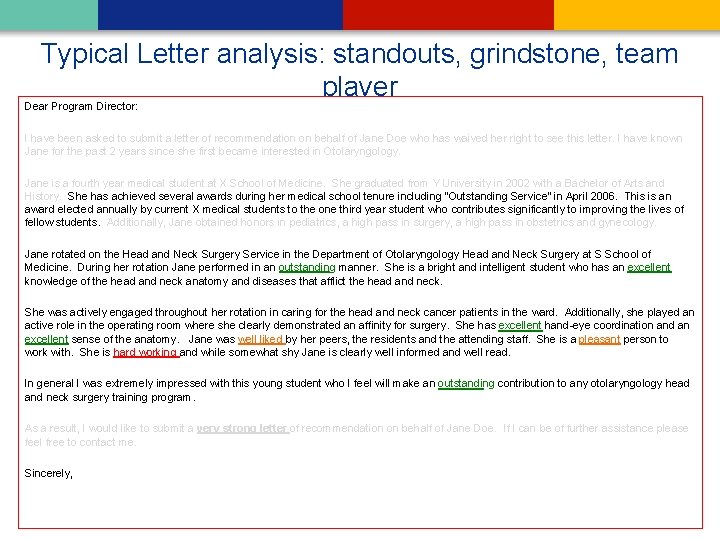 Typical Letter analysis: standouts, grindstone, team player Dear Program Director: I have been asked